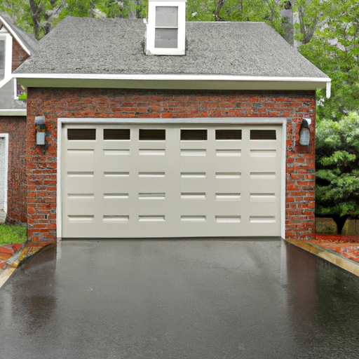 Two-car suburban garage with a modern steel sectional door on a brick Princeton, NJ house after light rain, no people.