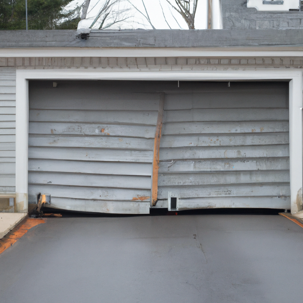 Editorial image of a storm-damaged garage door with bent tracks and debris in Princeton, NJ