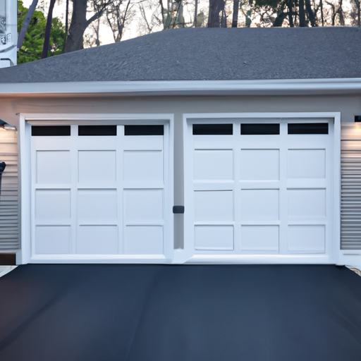Suburban Princeton garage with a modern insulated metal door partially open at dawn, showing door panels and weather seals.