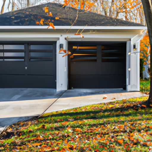 Suburban Princeton garage with a sectional garage door and visible opener hardware in late autumn light.