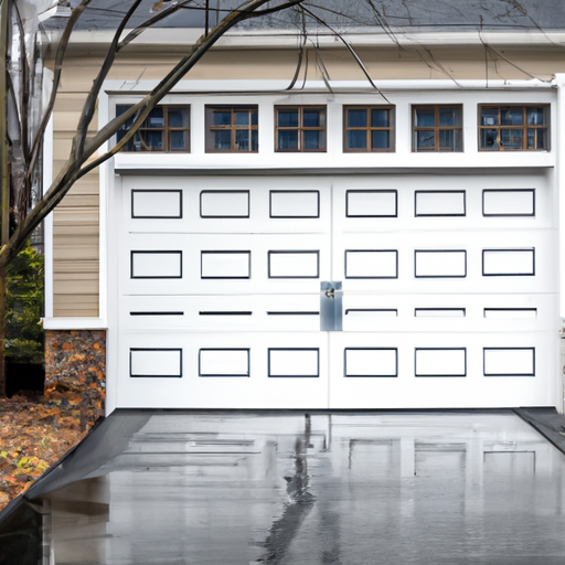 Suburban Princeton garage door on a wet driveway in early spring, panels and weatherseal visible, no people.