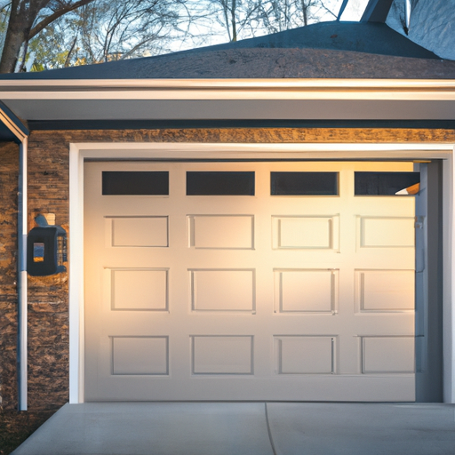 Suburban Princeton home with a modern insulated garage door closing at dusk, showing panel texture and opener hardware.