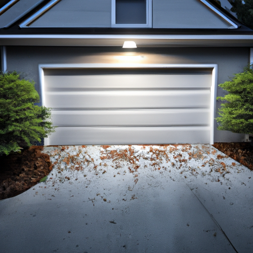 Sectional garage door on a suburban Princeton driveway at dusk with visible weather seal and shrubs.
