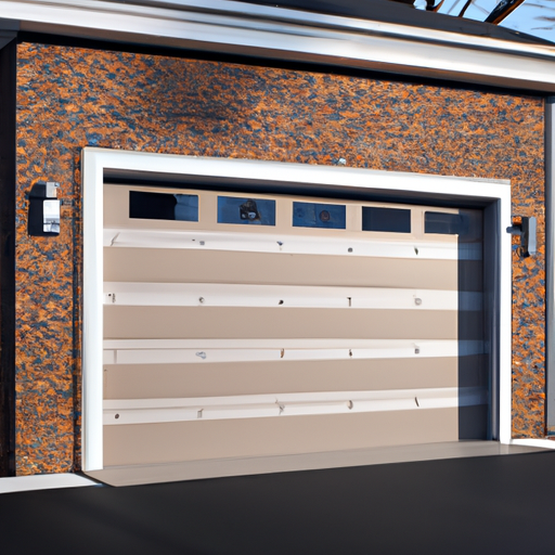 Modern steel garage door on a brick Princeton, NJ home at dawn, driveway and door tracks visible.