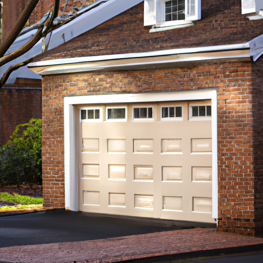 Suburban Princeton home exterior with a raised-panel garage door partially open, brick facade and driveway in morning light.