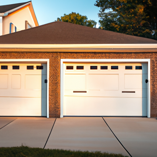 Suburban Princeton two-car garage with a modern sectional door at golden hour, showing hardware and house facade.