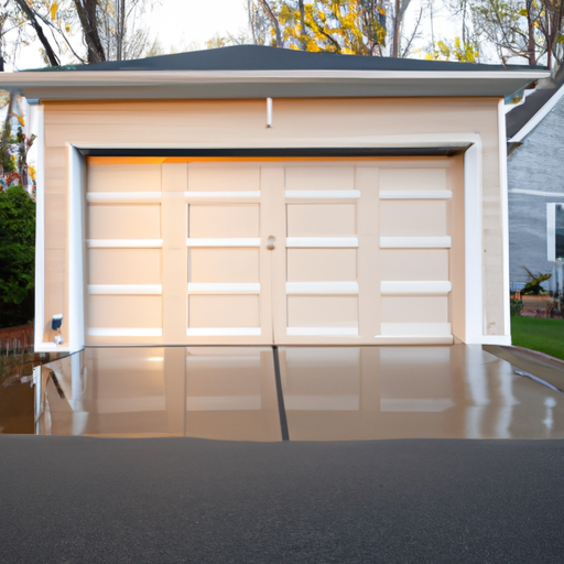 Suburban Princeton home exterior with a closed insulated steel garage door at golden hour, no people.