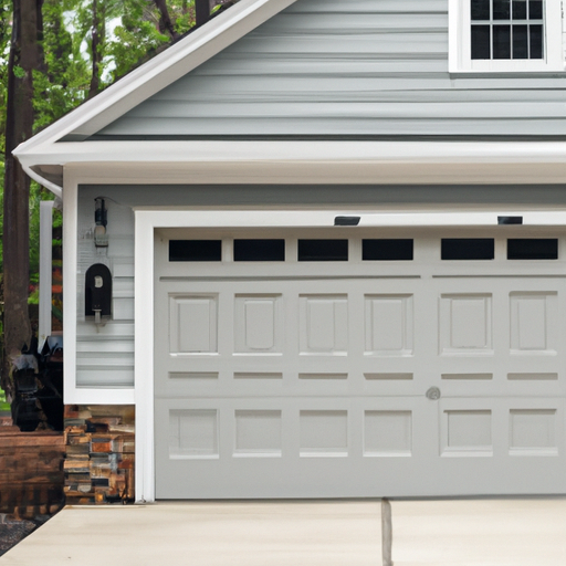Suburban Princeton home exterior with a closed garage door and visible opener hardware, daylight, no people.