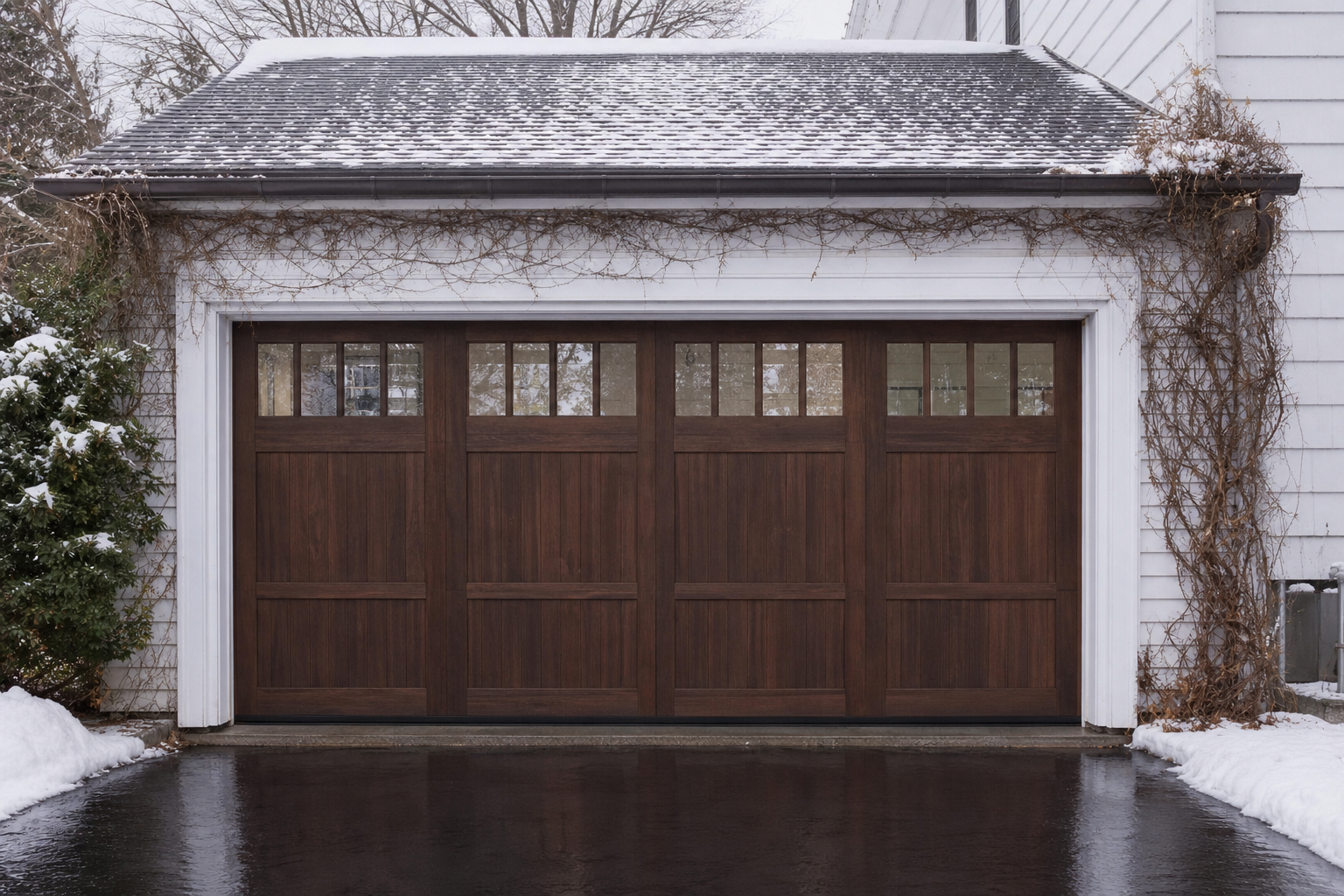 Princeton home garage door with weatherproofing focus on a wet winter day