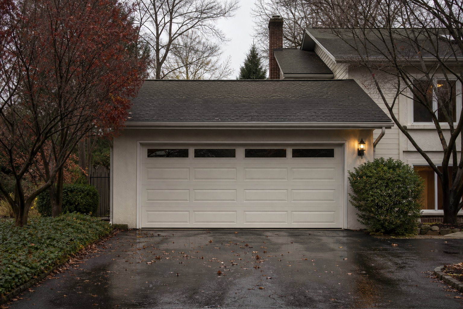 Suburban garage door in Princeton with wet driveway and seasonal debris after rain
